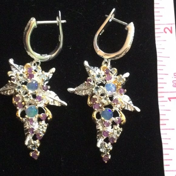 Breathtaking Genuine Opals, Rhodolite Garnets & Aquamarines Earrings - Picture 6 of 7